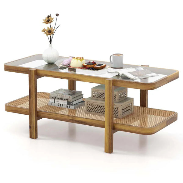 2-Tier Rattan Coffee Table, 47.5" Solid Wood Rectangle Tea Table with Tempered Glass Top & Storage Shelf, Farmhouse Boho Center Table for Living Room